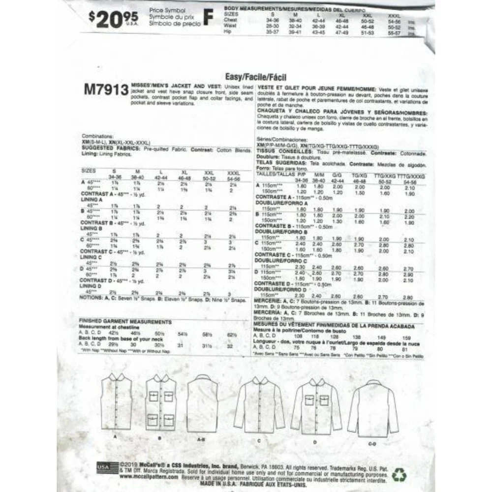 McCalls Sewing Pattern 7913 Adult Jacket‎ Vest Size S-L